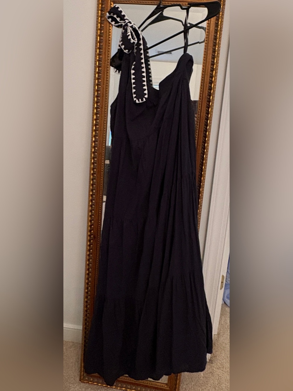 Madison Matthews Navy One-Shoulder Big Bow Ric-RAC Maxi Dress